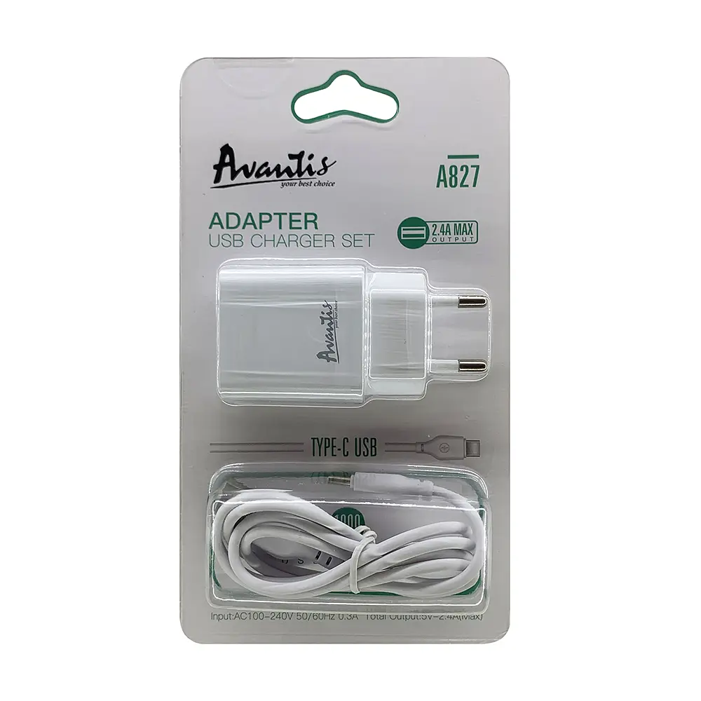 Мережевий зарядний пристрій Avantis A827 (1USB/2,4A) + USB кабель Type-C- білий