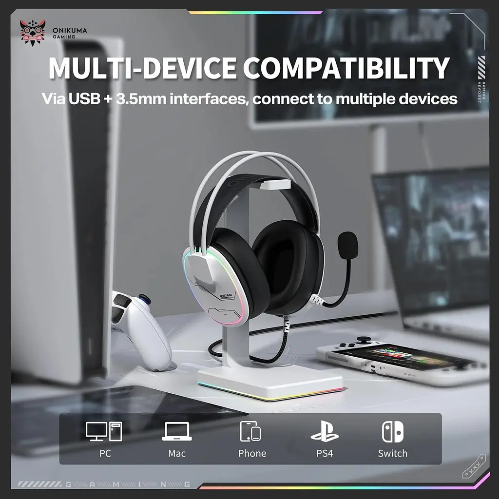 Навушники Onikuma ігрова гарнітура X-91 Max з мікрофоном та RGB підсвіткою геймерські провідні для ПК ноутбуків PS4 PS5 Білий - фото 6