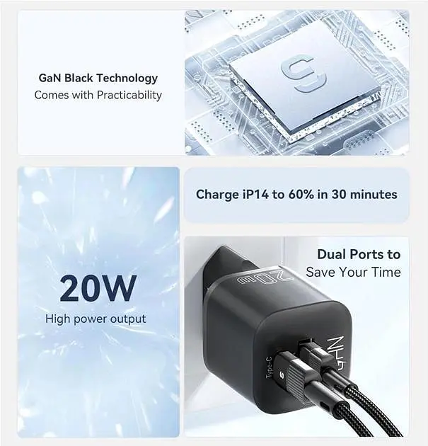 Зарядний пристрій Essager Camber 20W GaN Travel Phone Charger USB A + Type C EU Black (ECTAC-HMB01-P) - фото 7