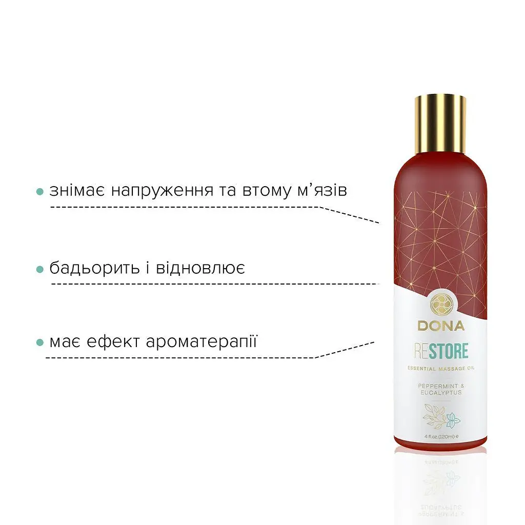 Натуральное массажное масло Dona Restore Peppermint & Eucalyptus (120 мл) с эфирными маслами - фото 3