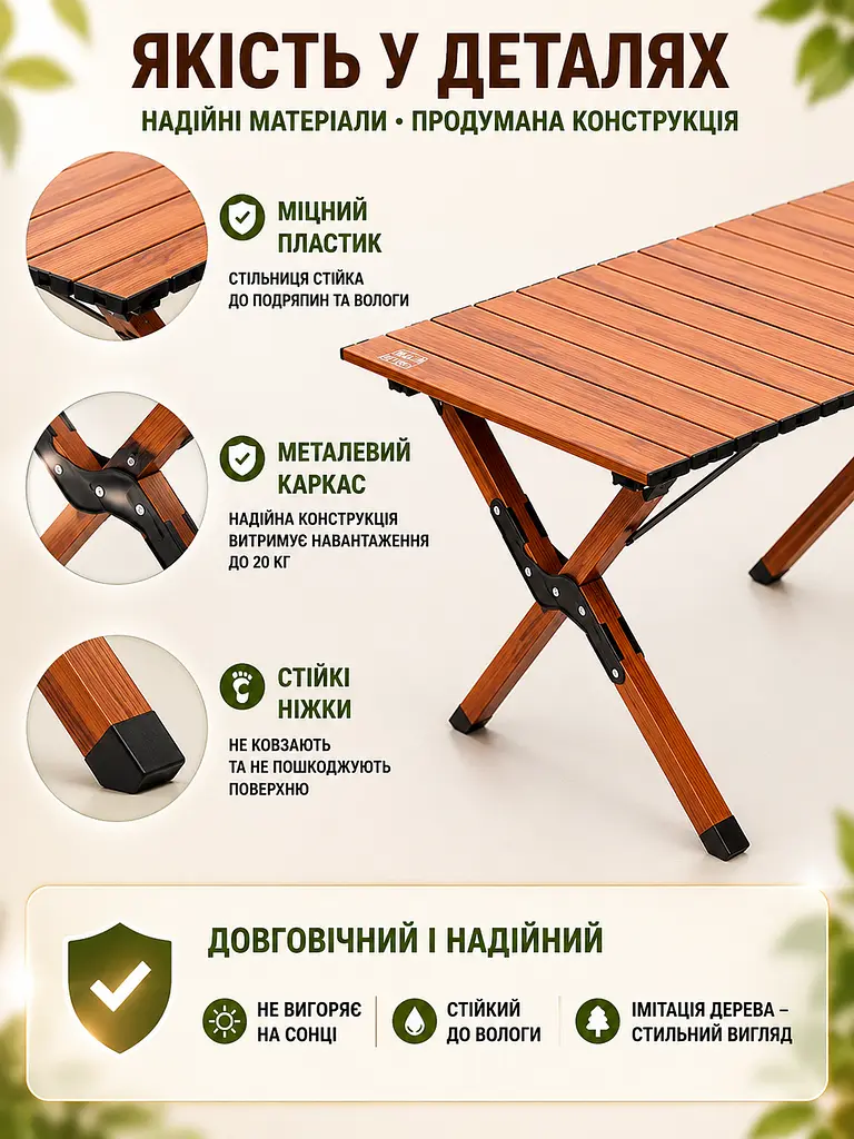 Стіл складаний туристичний 149,5×70×43 см коричневий для пікніка з чохлом (49675946) - фото 6