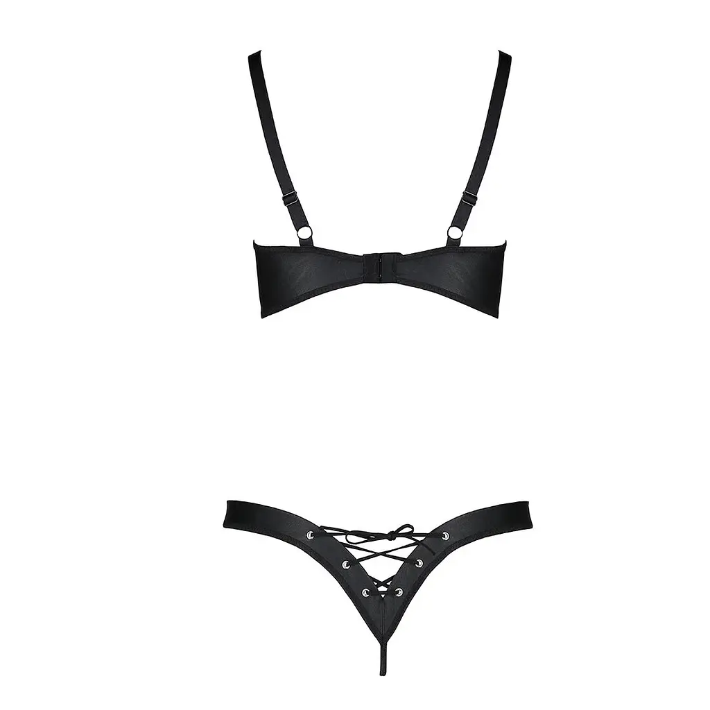 Комплект Passion CELINE BIKINI 2XL/3XL black відкритий бра з стрічками стрінги з шнурівкою, екошкіра - фото 4