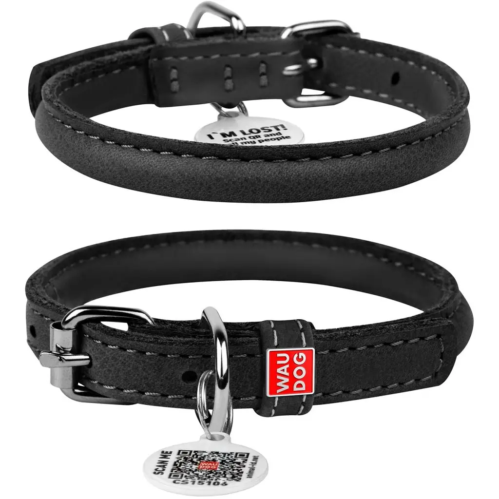 Ошейник для собак Waudog Soft, кожаный, круглый, с QR паспортом, 39-47х1 см, черный - фото 2