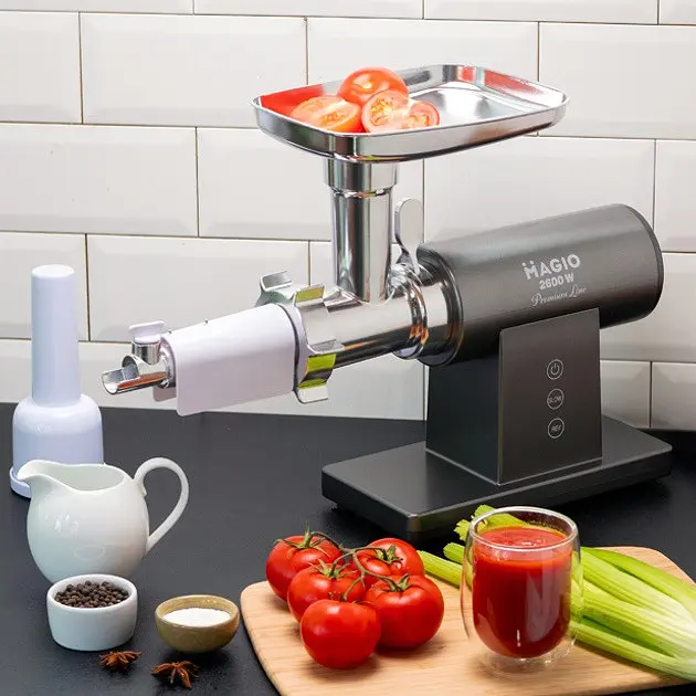 Електрична м'ясорубка з реверсом Magio МG-271 м'ясорубка 3 в 1 соковитискач, овочерізка Сірий 2600 Вт - фото 5