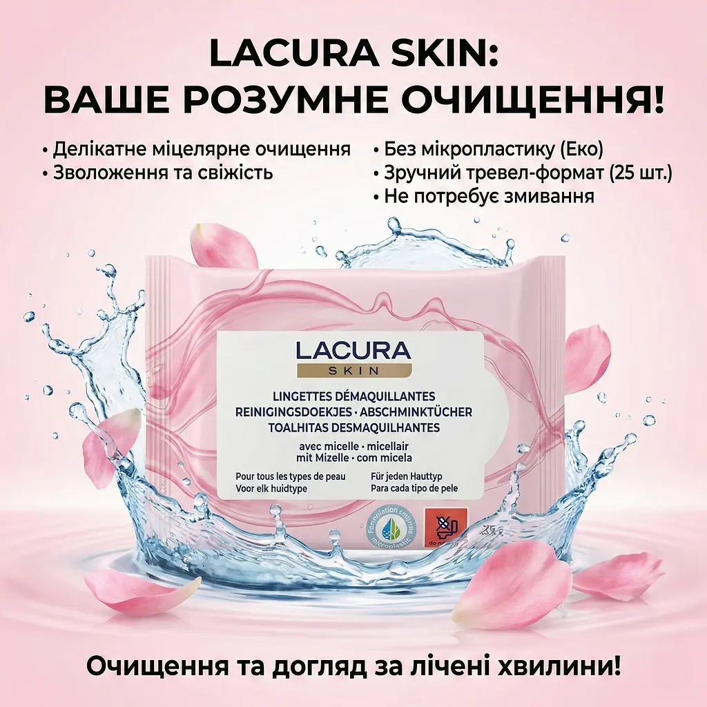 Міцелярні вологі серветки для зняття макіяжу Lacura Skin для всіх типів шкіри 25 шт. Серветки для вмивання - фото 2