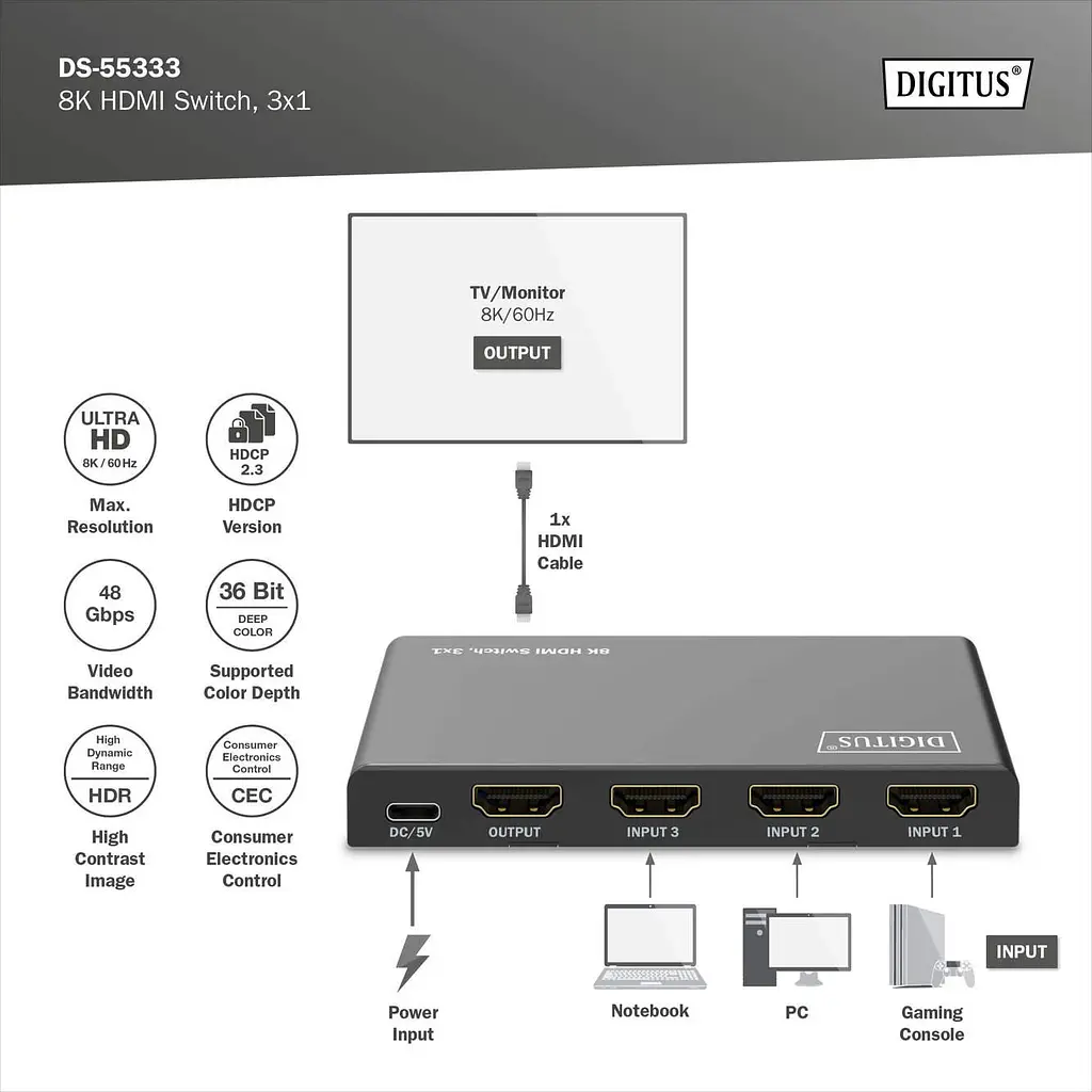 Відеокомутатор Digitus UHD HDMI (INx3 – OUTx1), 8K - фото 8