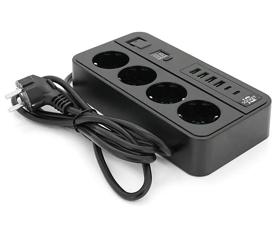 Сетевой фильтр-удлинитель Voltronic G-13H, 3000W, 4 Socket + 4 USB 3,2А + 2 Type-C + таймер, 2м, Black - фото 2