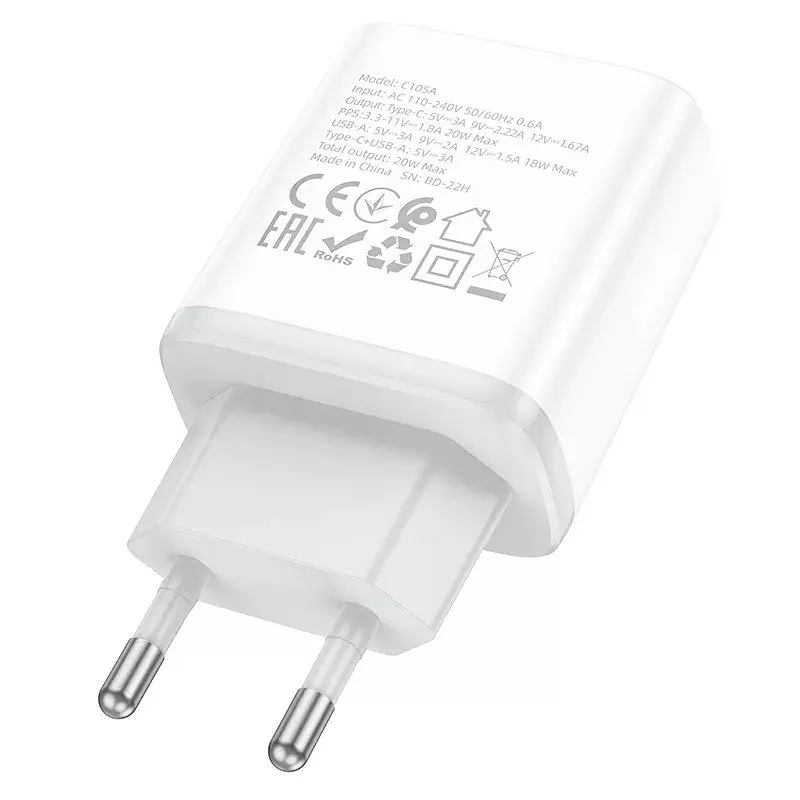Мережевий адаптер живлення Hoco C105A 20W Type-C та USB зі швидкою зарядкою та кабелем Type-C to Type-C білий - фото 5