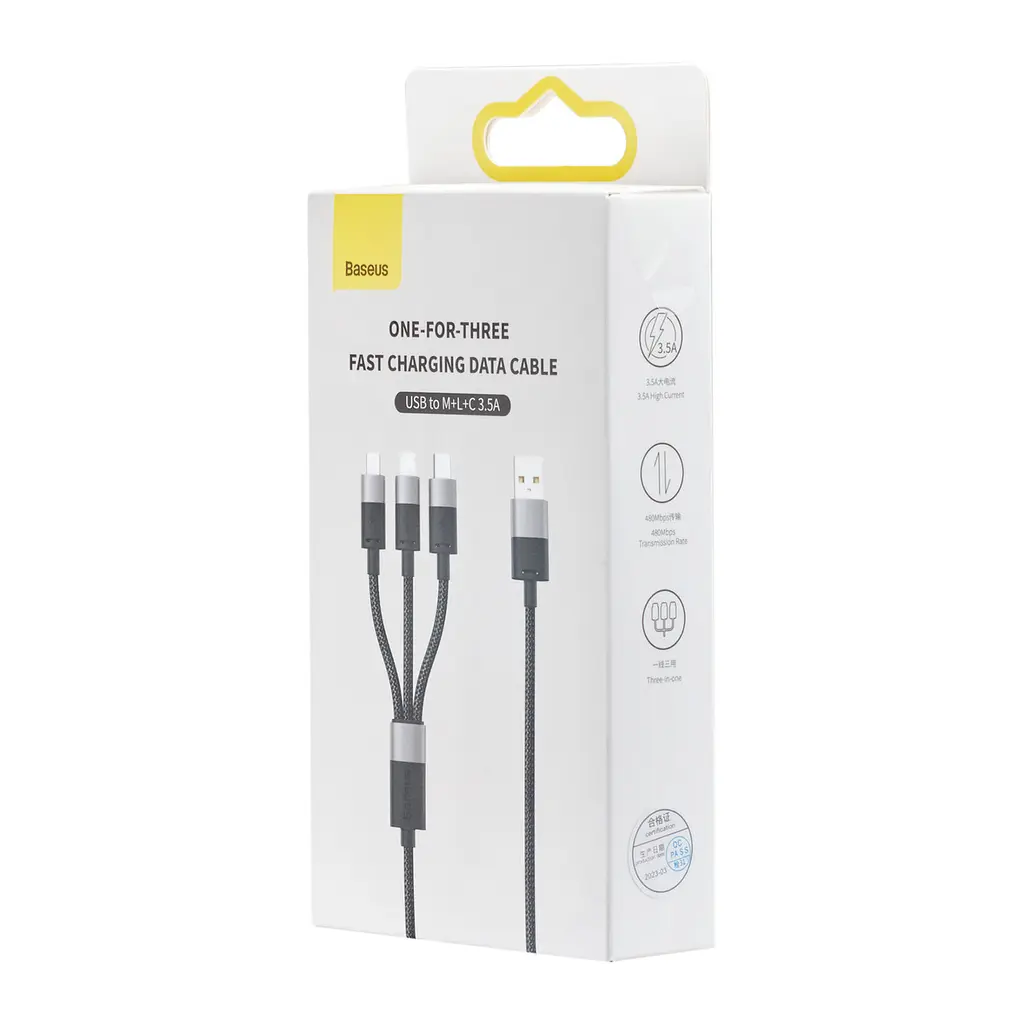 Кабель Baseus StarSpeed 1-for-3 Fast Charging Data Cable USB to M + L + C 3.5A 1.2 м Чорний - фото 2