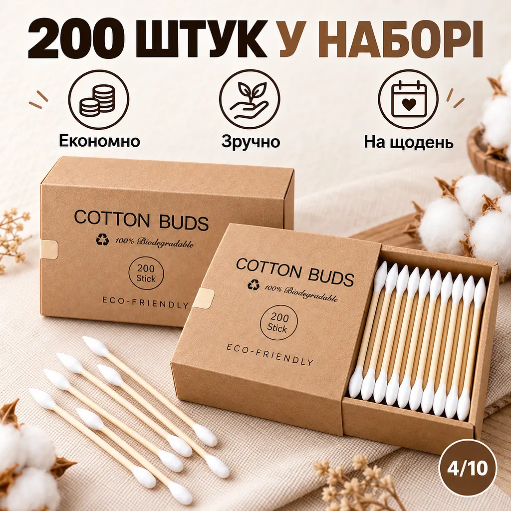 Ватні палички бамбукові двосторонні 200 шт, із загостреним та округлим наконечником, у картонній упаковці KT9003701 - фото 4