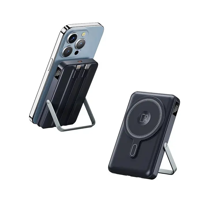Зовнішній акумулятор Power Bank 3 в 1 на 10000 мА·год TUGII Y05W вбудовані кабелі Type-C + Lightning магніт та підставка 

 - фото 5