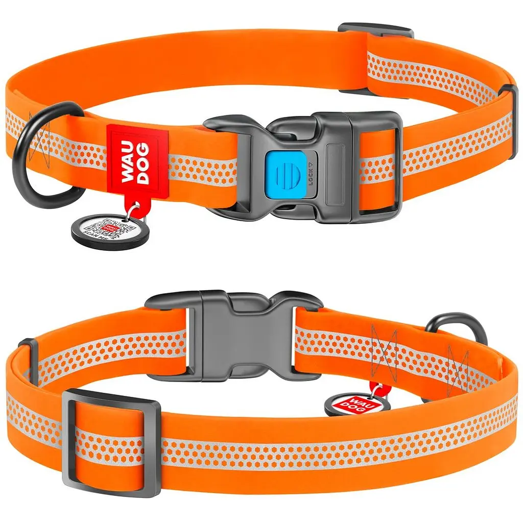 Ошейник для собак Waudog Waterproof, коллартекс, водостойкий, светоотражающий, с QR паспортом, пластиковая пряжка-фастекс, M, 24-40х2 см, оранжевый - фото 3