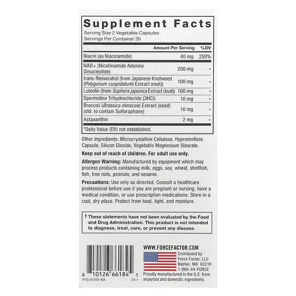 Ниацин (B-3) NAD+ Longevity Nutrient Complex 60 растительных капсул Force Factor vit0005286 - фото 2