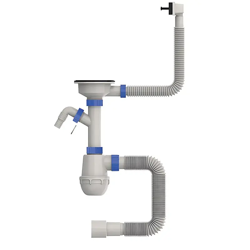 Сифон для кухонної мийки Mixxus SK-05-Bl з пластиковою сіткою, відведенням для пральної машини та гнучким прямокутним переливом 3 1/2"×40 MI8192