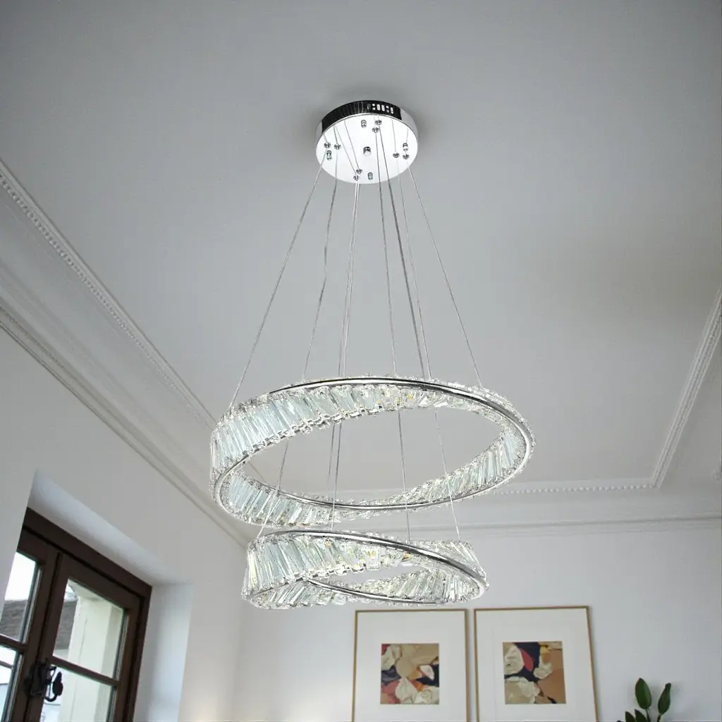 Підвісна LED-люстра Diasha D8812/600+400B CH 86W, 2 кришталеві кільця, 3 кольори світла, 50×63 см, димер, пульт - фото 2