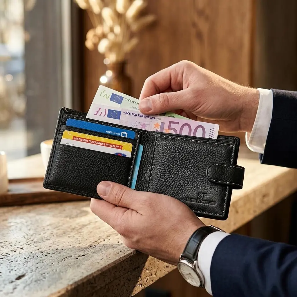 Гаманець для чоловіків зручного розміру із натуральної шкіри ST Leather 22461 чорний - фото 2