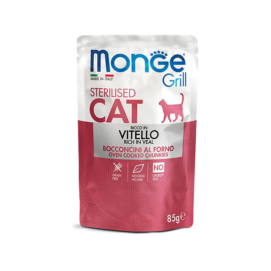 Набір консервів для кішок Monge Cat GRILL MIX STERILISED мікс 3 смаки: телятина/півник/форель 12 шт. по 100 гр - фото 4