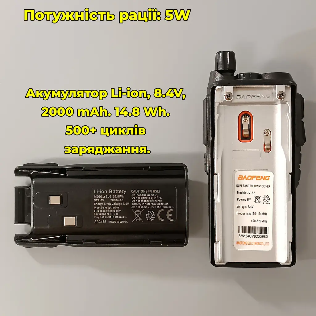 Рація дводіапазонна Baofeng UV-82 (136-174 MHz, 400-520 MHz), 5 Вт, 2000 mAh + ремінець + гарнітура у подарунок - фото 8