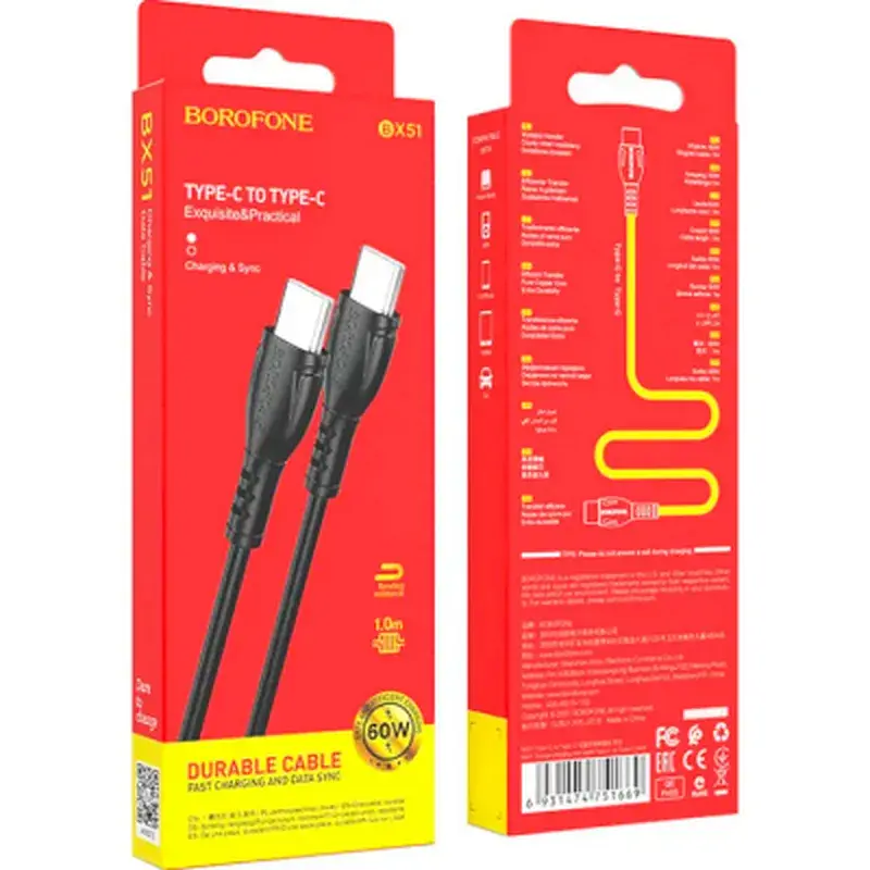 Дата кабель USB-C to USB-C 1.0m 60W Triumph BX51 black BOROFONE (6931474751669) - фото 5
