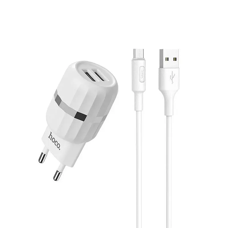 Мережевий зарядний пристрій 2USB Hoco C41A 2.4A White + USB Cable XiaomicroUSB - фото 2
