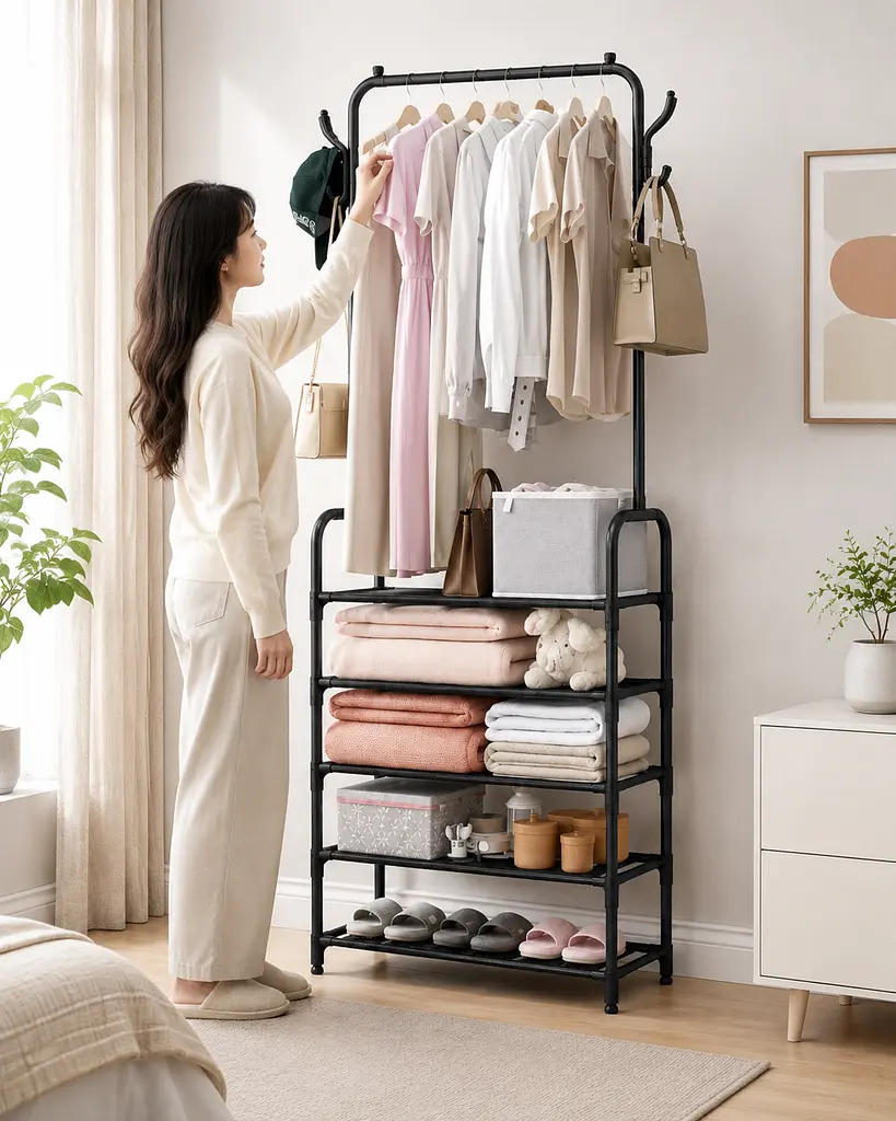Вішалка для одягу з полицями для взуття Clothes Rack Up / Металева підлогова стійка 170×60×26 см - фото 4