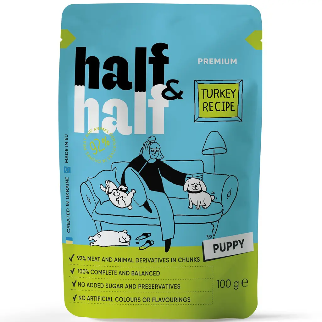 Набор влажных кормов Half & Half 5+1 для щенков, кусочки с индейкой в ​​соусе (6 шт. x 100 г) - фото 3