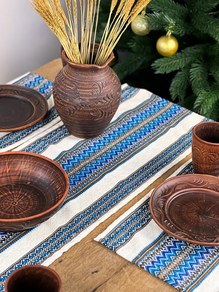 Комплект Ранер 140х30 см + салфетки 30х40 см 3 шт Рождественский льняной с украинским орнаментом Рандеву синий - фото 4