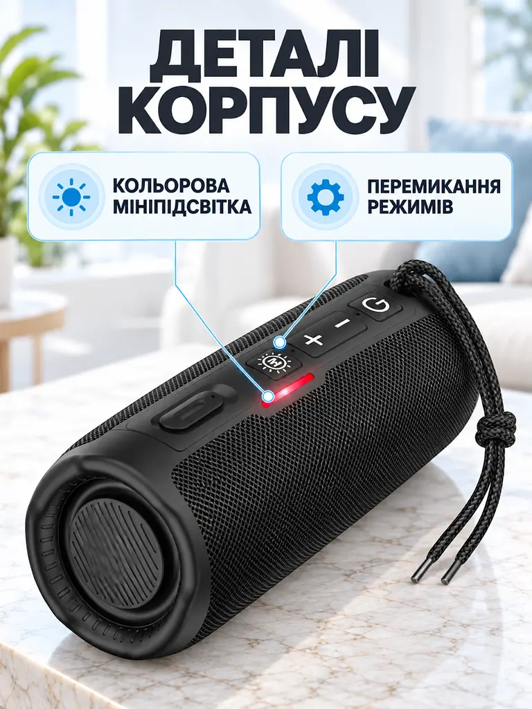 Портативна колонка Bluetooth 5.3 10 Вт акумулятор 1200 мА·год для дому та відпочинку Чорна (37261570) - фото 5