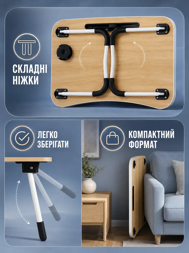 Складаний столик для ноутбука 60×40×28 см бежевий з підсклянником (49675981) - фото 5