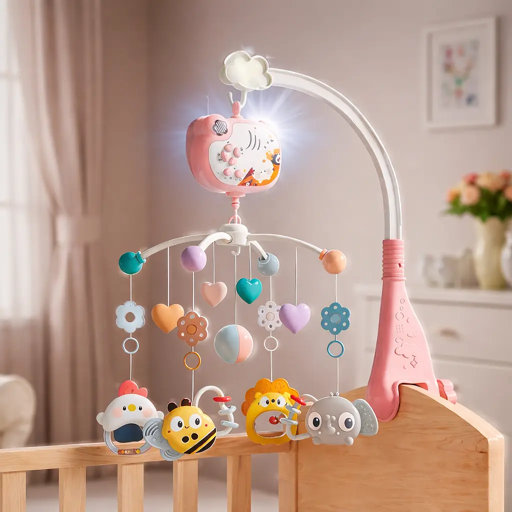 Дитячий мобіль на ліжечко карусель музична для немовлят з таймером проектором з пультом подарунок wtoys колискові мелодії рожевий  - фото 2