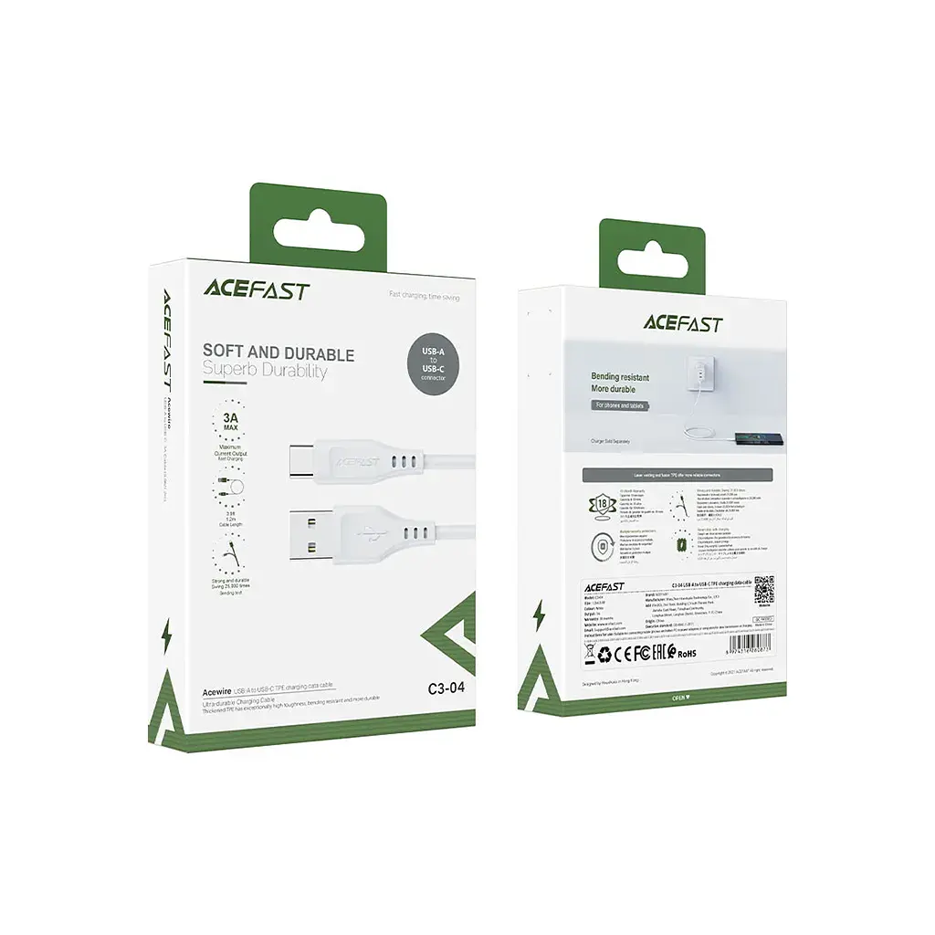 Дата кабель USB 2.0 AM to USB-C 1.2m 3.0A TPE White Acefast (6974316280873) - фото 3