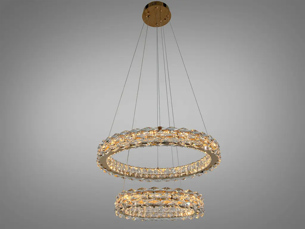 Підвісна LED люстра Diasha 7895/600+400S-gold з кришталем, золото, 54 W, з пультом, освітлення 10-18 м2 - фото 2