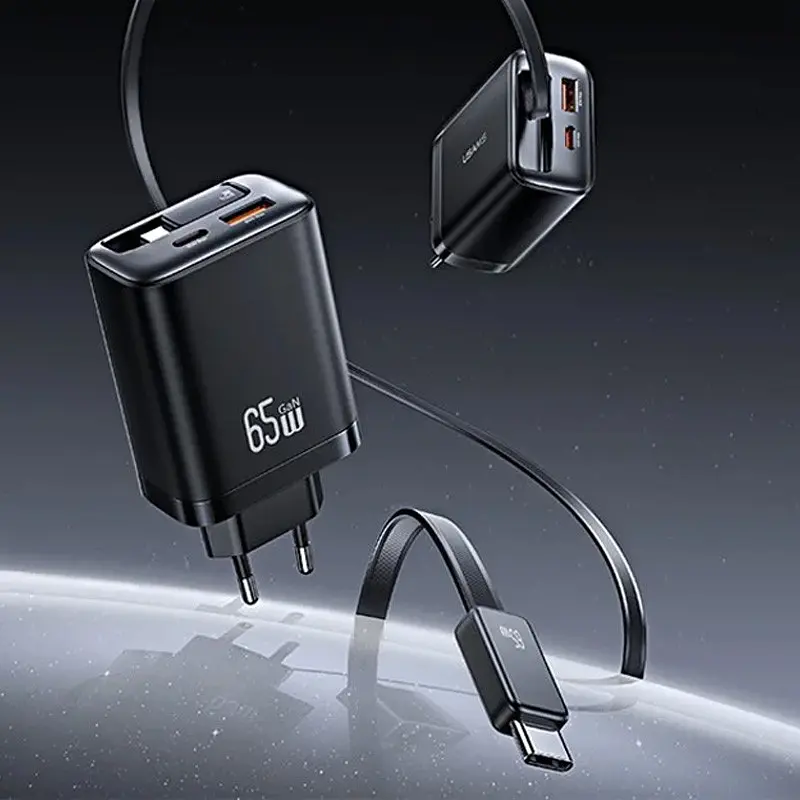 МЗП Usams US-CC299 GaN With Retractable Type-C Cable Xiang Ser. 65W (1USB-A/1C) Black - фото 2