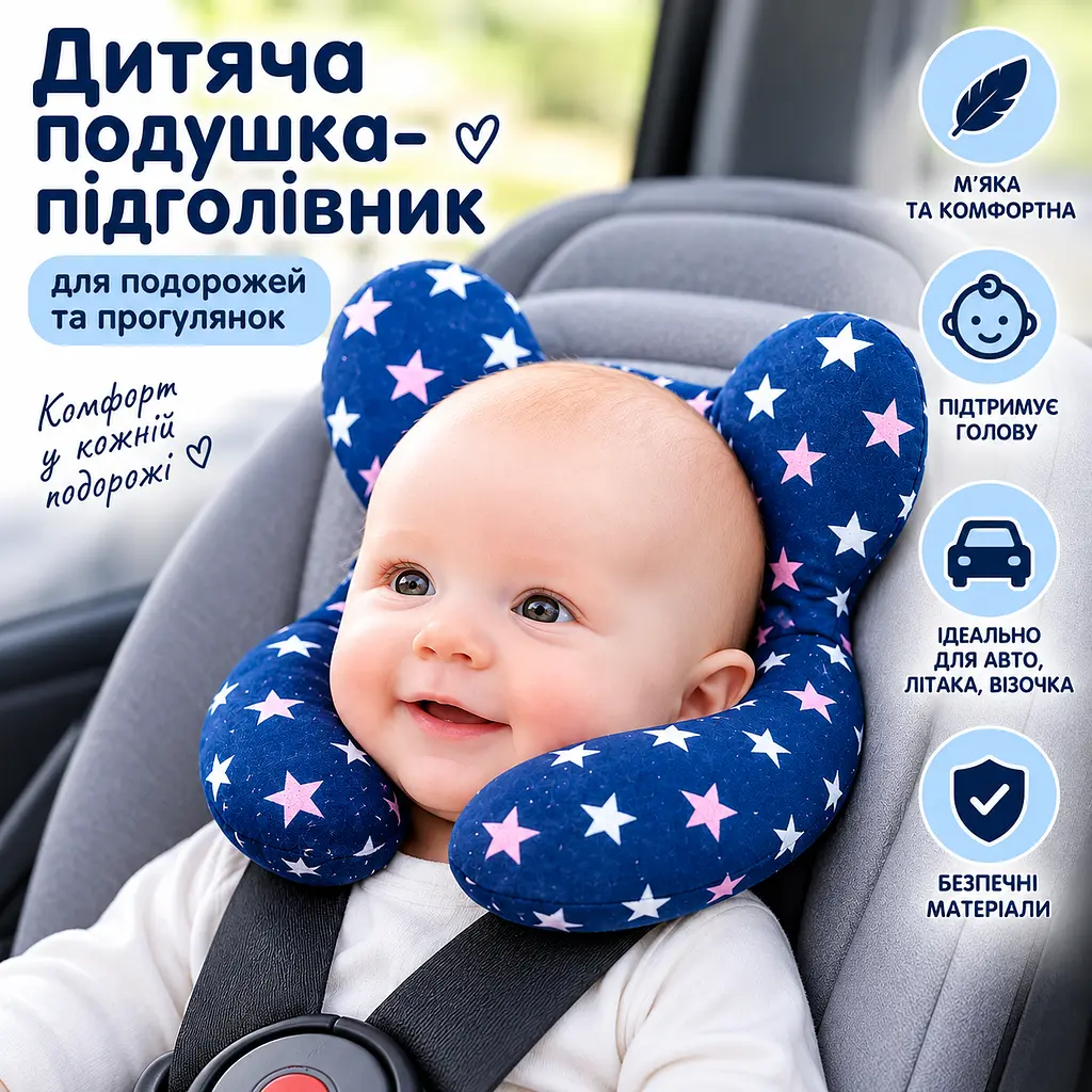 Подушка-підголівник дитяча дорожня для шиї "Зірочки" - м'яка U-подібна подушка для авто літака та прогулянок - фото 3