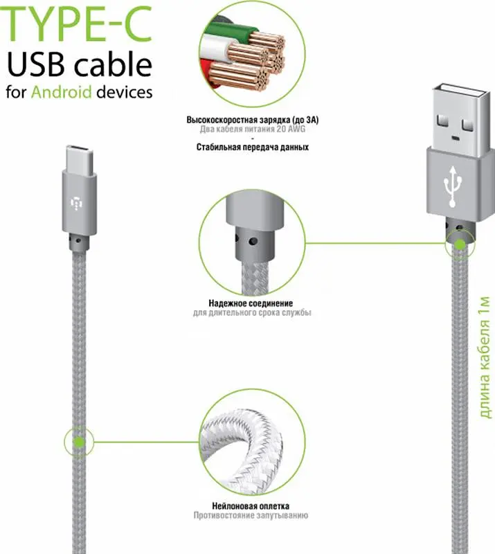 Кабель Intaleo CBGNYT1 USB-USB Type-C 2м Grey (1283126489136) - фото 2