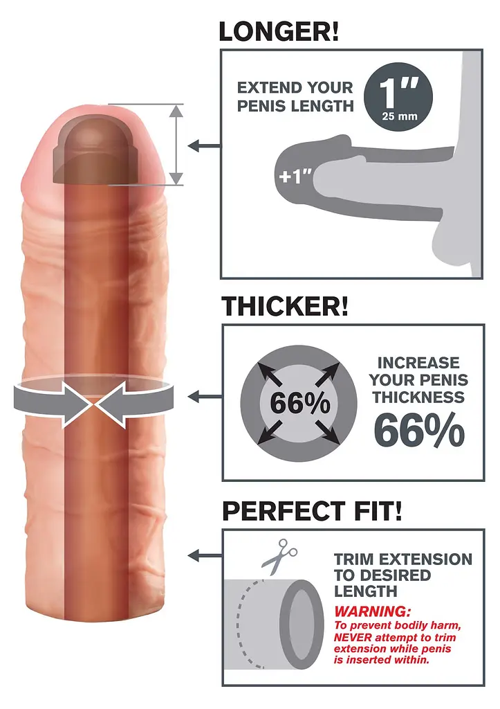 Насадка на пеніс Pipedream Fantasy X-Tensions Mega 1" Extension Light, 17.7 см (тілесний) - фото 5