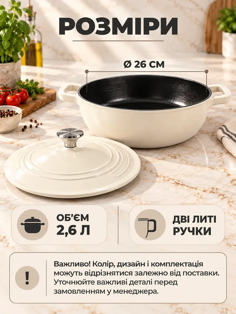 Каструля чавунна емальована 2,6 л 26 см з кришкою для тушкування біла (37261122) - фото 3
