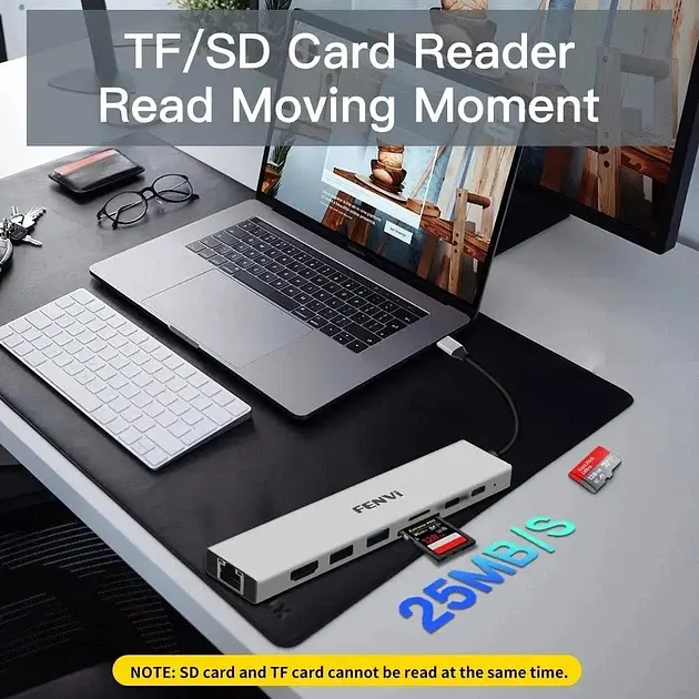 Док-станція Fenvi F-C801H концентратор USB - C Hub 8в1 HDMI USB 3.0 RJ45 CardReader PD (19130) - фото 7