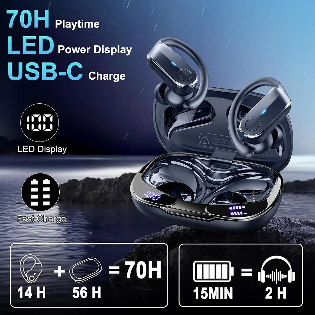 Бездротові спортивні навушники Ordtop Bluetooth 5.4 із захистом IPX8 та LED екраном - фото 6