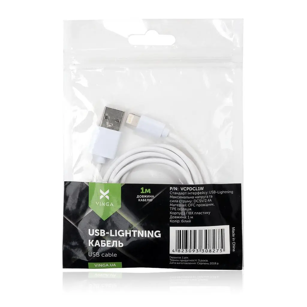 Дата кабель USB 2.0 AM to Lightning PVC 1m white Vinga (VCPDCL1W) - фото 4