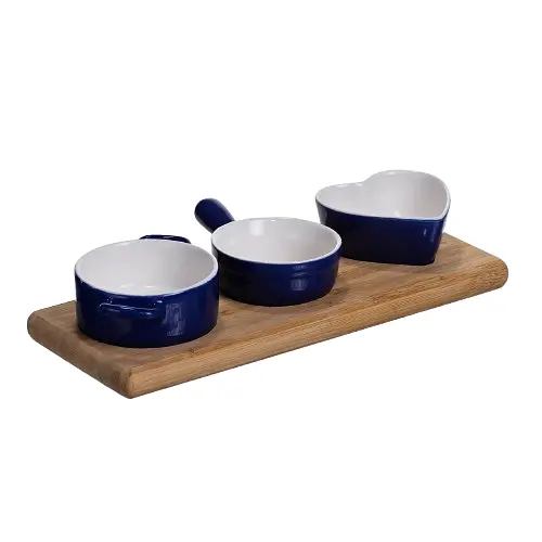 Набор фарфоровых менажниц для закусок 3 (шт) по 50 (мл) меновщицы на бамбуковой подставке Синий Yiwu HZ001-B - фото 3