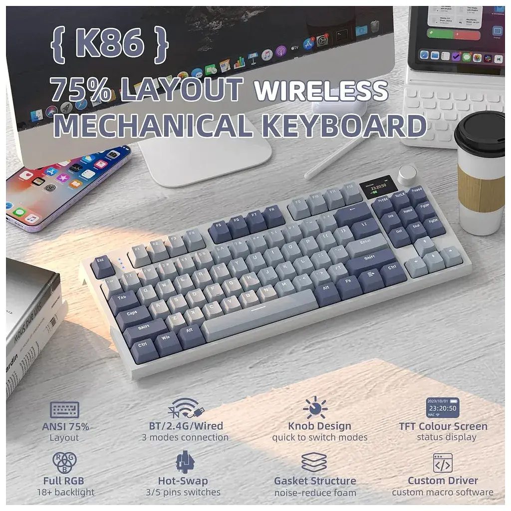 Клавіатура Attack Shark K86 RGB Wireless/Bluetooth/USB UA Retro Grey (K86MN_AS) - фото 2