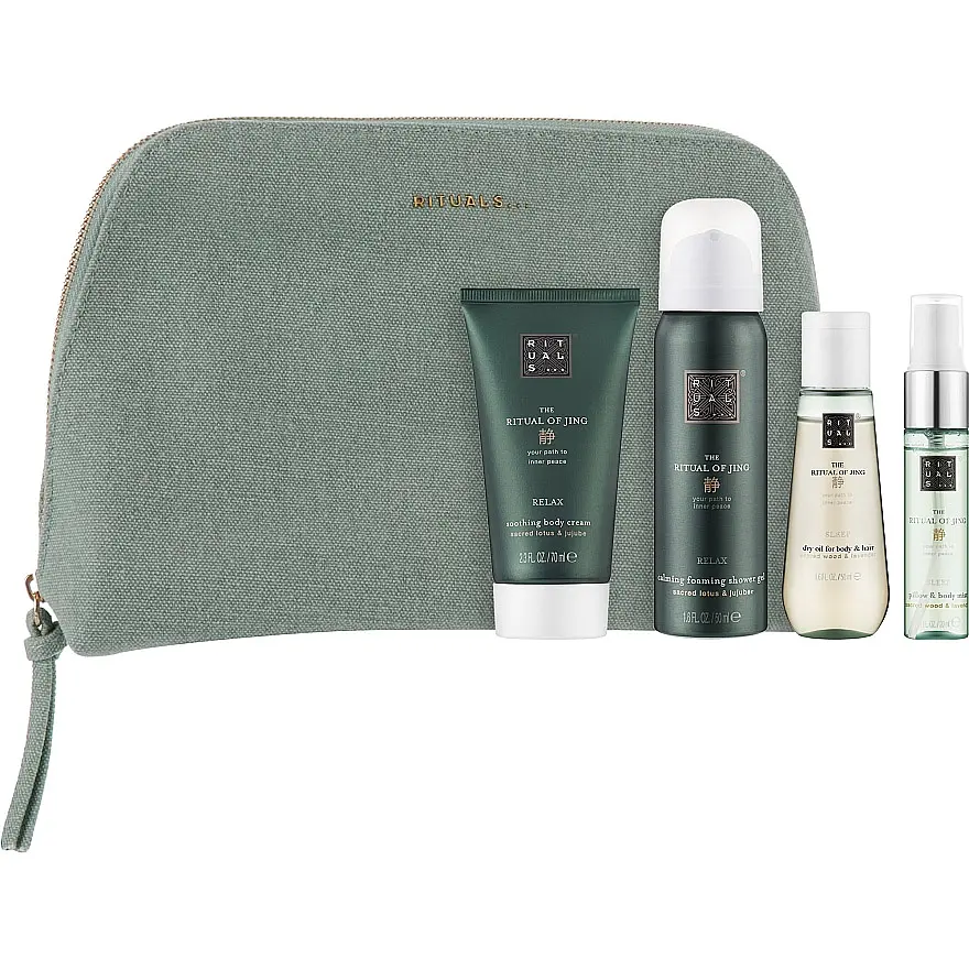 Набір Rituals The Ritual Of Jing Treat Gift Set: крем для тіла Body Cream 70 мл + суха олія Dry Oil 50 мл + гель для душу Foaming Shower Gel 50 мл + спрей для білизни Sleep Pillow and Body Mist 20 мл + косметичка - фото 2