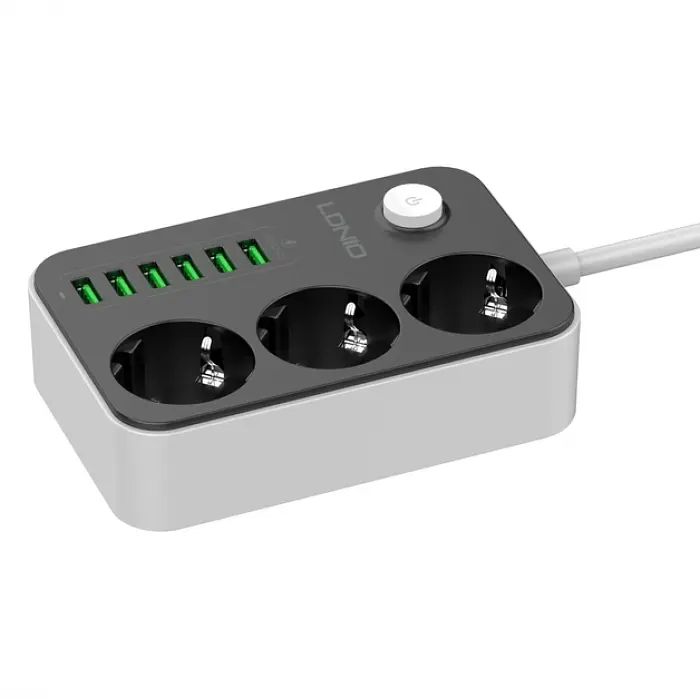 Мережевий фільтр подовжувач чорний 3 розетки з 6 USB 2м із захистом із заземленням LDNIO SE3631 2500W 10A - фото 7