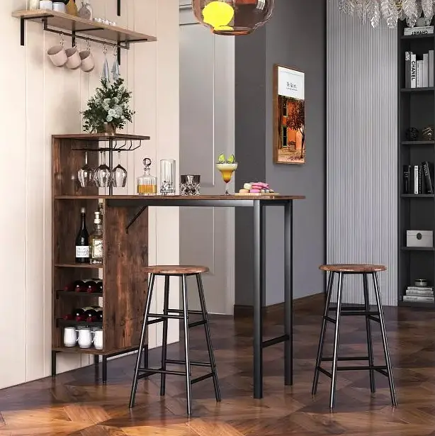 Барний стіл з стільцями Costway Bistro з тримачем винних келихів темно-коричневий - фото 3