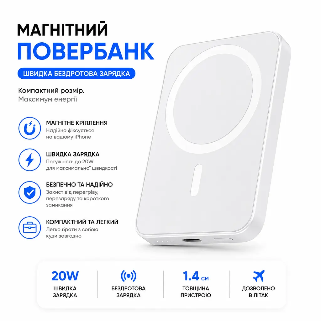 Магнітний повербанк MagSafe 5000 мА·год — ультратонкий, з двосторонньою зарядкою. Білий - фото 2
