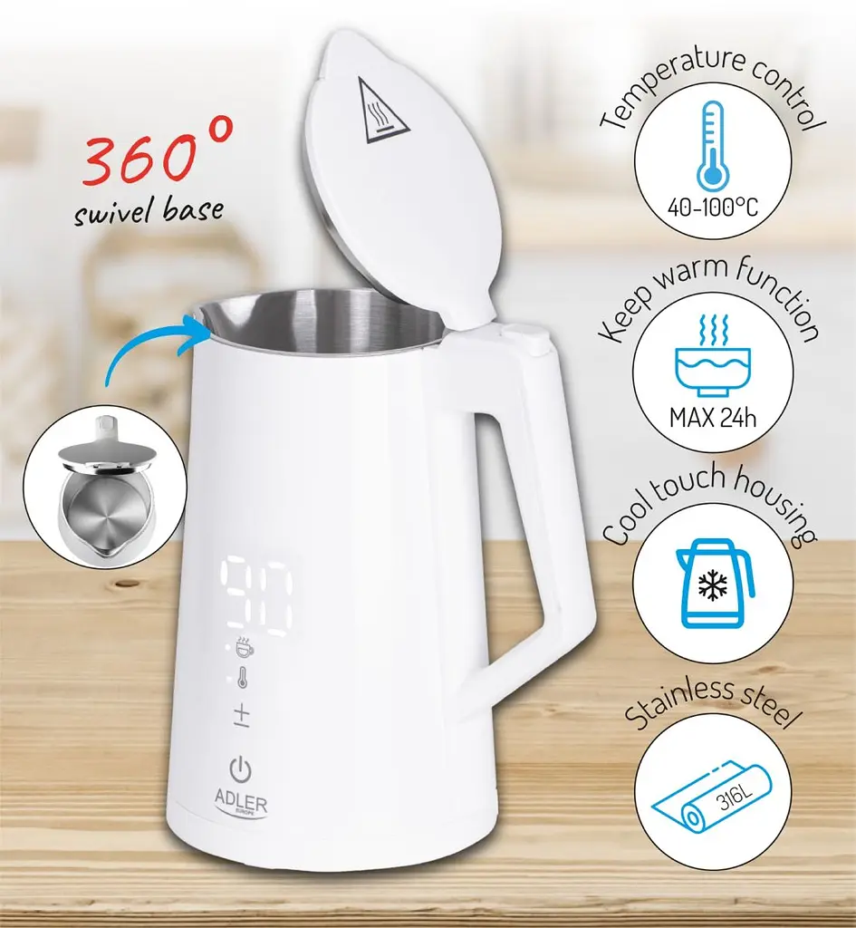 Електрочайник Adler AD 1345 white 1850-2200Вт/1.7л/STRIX/встановлення температури/(AD1345W) - фото 5