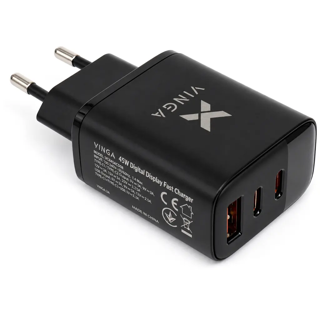 Зарядний пристрій Vinga 2xUSB-C + USB-A Display 45W (VCR45ACCDB) - фото 6