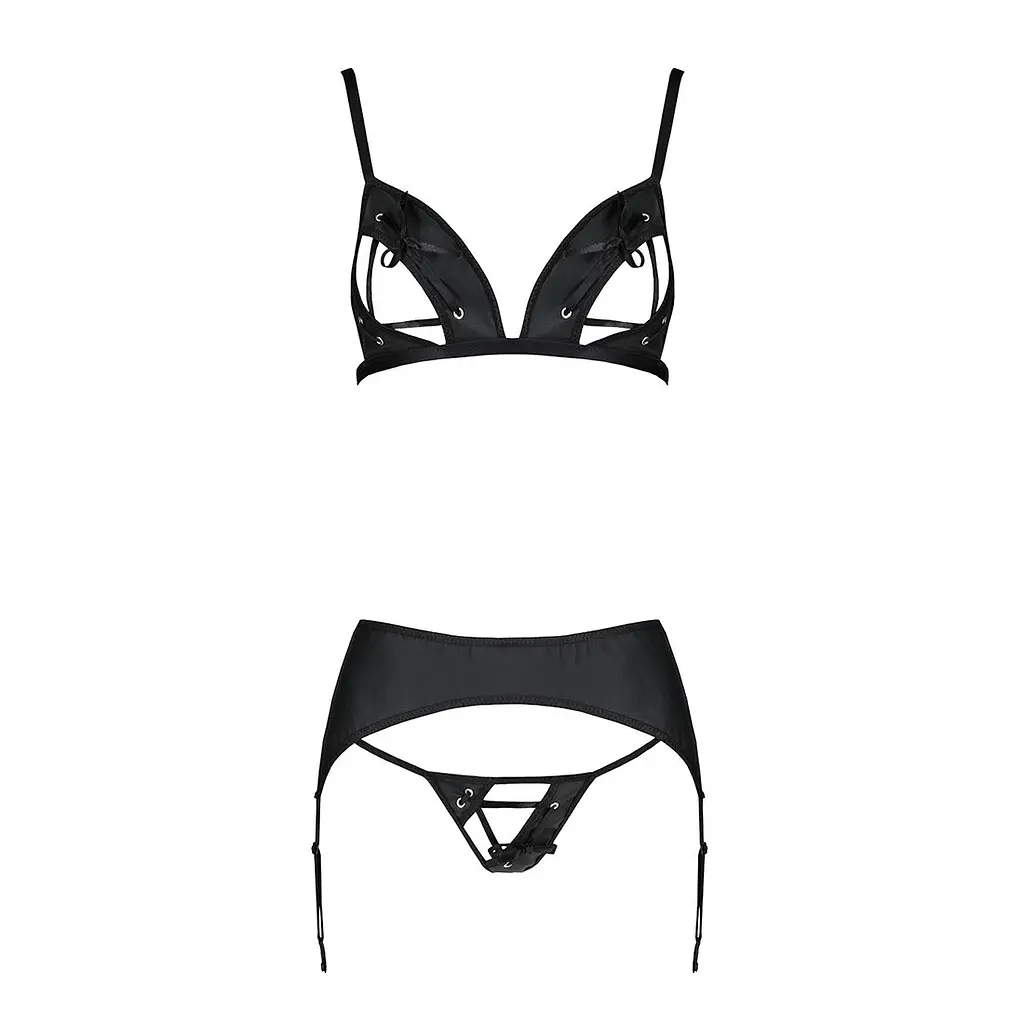 Комплект з екошкіри Passion MILEY SET L/XL, black, трусики, бюстгальтер, пояс для панчіх - фото 3