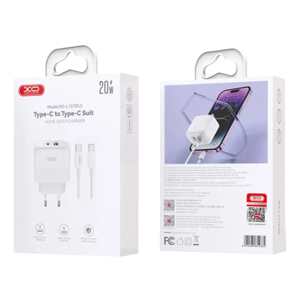 Мережевий зарядний пристрій XO L137 1USB-C/1USB PD/QC 20W Type-C to Type-C 1м White (37793_3664782) - фото 3